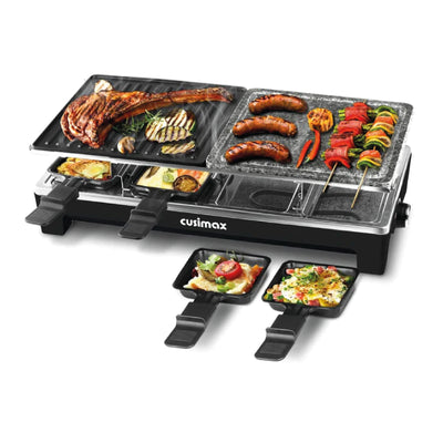 Raclette Table Grill, CUSIMAX Indoor Grill Electric Grill, Portable Korean BBQ Grill with 2 in 1 Reversible Non-stick Plate & Natural Grill Stone, 8 Raclette Pans 8 Wooden Spatulas for Family Fun