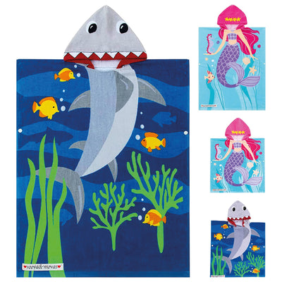 Kids Beach Towels with Hood - Oversized 64"x26", Bathrobe for Boys and Girls Aged 5-12 - Absorbent Cotton Poncho Cover-Up - Perfect for Summer Pool | Bath | Beach | Birthday Gifts, Fun Shark Design