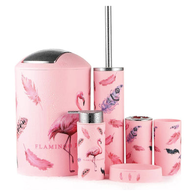 6 Pieces Bathroom Accessories Set,Plastic Bathroom Accessories Toothbrush Holder,Cup,Soap Dish,Hand Sanitizer Bottle,Trash Can,Toilet Brush (Flamingo)