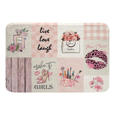 Manfei Girly Pink Bath Mats for Bathroom High-Heeled Shoes Makeup Bag Bathroom Mats Rugs for Kid Girls Room Decor Sexy Lips Eyelash Bath Carpets Non Slip Absorbent Plush Floor Mats, 20Wx32L Inches