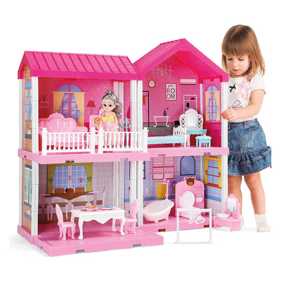 Dollhouse Dreamhouse Girls Pretend Toys - Doll Figure with Furniture, Accessories, Stairs, Pets and Dolls, DIY Cottage Pretend Play Doll House, for Toddlers, Boys & Girls(4 Rooms)
