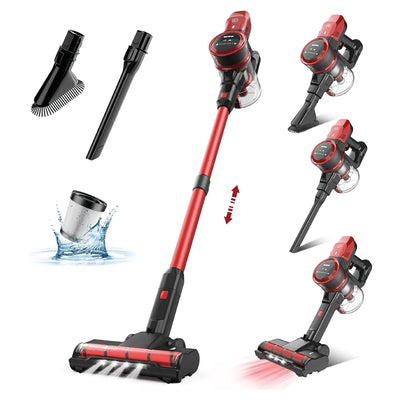 25Kpa Cordless Stick Vacuum Cleaner, 6-in-1 Cordless Vacuum Cleaner w/Strong Suction for Pet Hair Carpet Hard Floor, Max 45 Min Runtime, Wireless Vaccine Cleaner w/LED Headlights, Red (VL732)