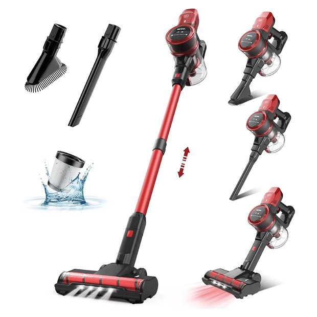 25Kpa Cordless Stick Vacuum Cleaner, 6-in-1 Cordless Vacuum Cleaner w/Strong Suction for Pet Hair Carpet Hard Floor, Max 45 Min Runtime, Wireless Vaccine Cleaner w/LED Headlights, Red (VL732)