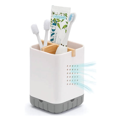 Toothbrush and Toothpaste Holder with Bamboo Divider for Bathroom Countertop Organizer, Plastic Detachable Anti-Slip Large Electric Toothbrush Holders Storage Caddy Drainage for Family, Kids