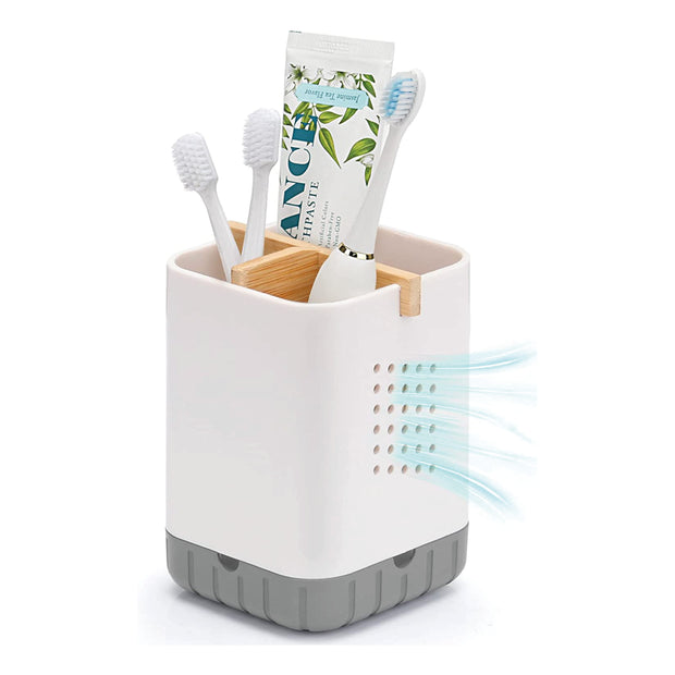 Toothbrush and Toothpaste Holder with Bamboo Divider for Bathroom Countertop Organizer, Plastic Detachable Anti-Slip Large Electric Toothbrush Holders Storage Caddy Drainage for Family, Kids