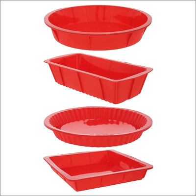 4 Piece Nonstick Silicone Bakeware Set Baking Shaping Kits with Round, Square and Rectangular Cake Shaping Kit Pan, Red