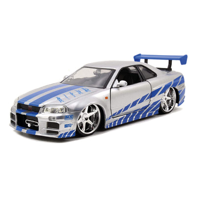 Jada Toys Fast & Furious Brian’s 2002 Nissan Skyline R34 Die-cast Car, 1:24 Scale, Silver & Blue