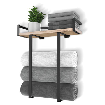 Towel Racks for Bathroom Wall Mounted, Xstydes Metal Towel Holder with Wooden Shelf for Folding Large Towels, Towel Storage for Small Bathroom Organizer Decor or RV Camping, Black