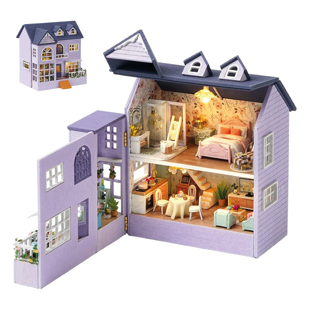 Dollhouse DIY Miniature Wooden Furniture Kit,Mini Handmade Doll House with LED,1:24 Scale Creative Woodcrafts Toys for Adult Friend Lover Birthday Gift D32