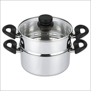 Nevlers 3 Piece Premium Heavy Duty Stainless Steel Steamer Pot Set Includes 3 Quart Cooking Pot, 2 Quart Steamer Insert and Vented Glass Lid | Stack and Steam Pot Set for All Cooking Surfaces