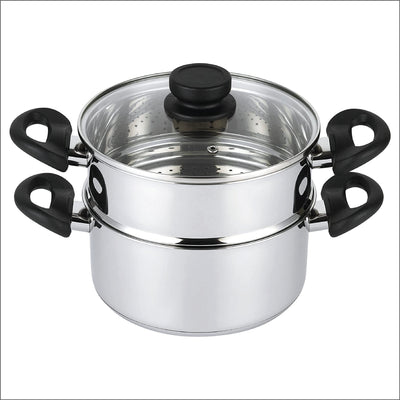 Nevlers 3 Piece Premium Heavy Duty Stainless Steel Steamer Pot Set Includes 3 Quart Cooking Pot, 2 Quart Steamer Insert and Vented Glass Lid | Stack and Steam Pot Set for All Cooking Surfaces
