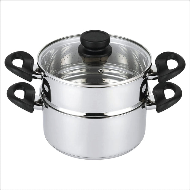 Nevlers 3 Piece Premium Heavy Duty Stainless Steel Steamer Pot Set Includes 3 Quart Cooking Pot, 2 Quart Steamer Insert and Vented Glass Lid | Stack and Steam Pot Set for All Cooking Surfaces