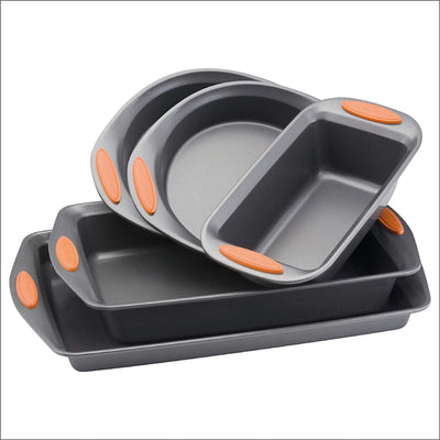 Rachael Ray 55673 Nonstick Bakeware Set with Grips includes Nonstick Bread Pan, Baking Pans and Cake Pans - 5 Piece, Gray with Orange Grips