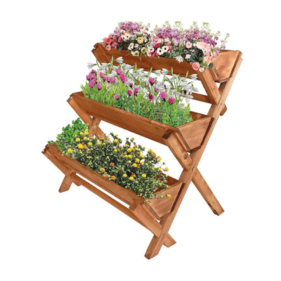 LZRS 35x22x36 inches 3-Tiers Wooden Raised Garden Bed, Fir Wood Flower Rack Vertical Flower Pot Stands for Patio, Balcony, Freestanding Indoor Outdoor,Brown