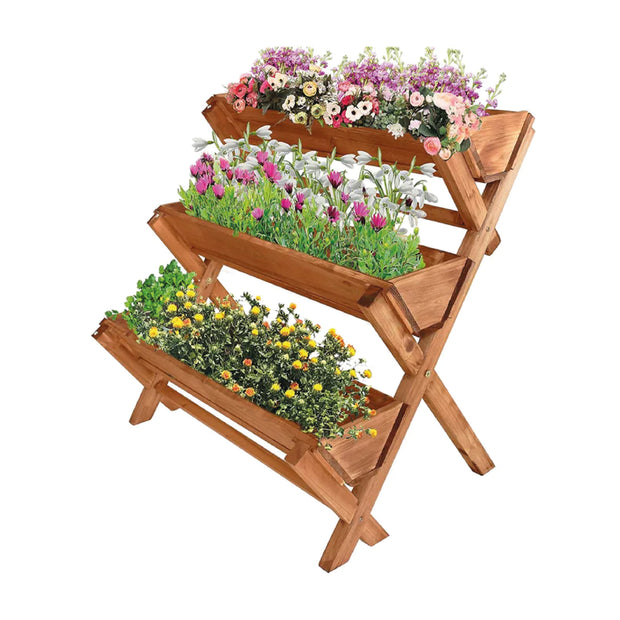 LZRS 35x22x36 inches 3-Tiers Wooden Raised Garden Bed, Fir Wood Flower Rack Vertical Flower Pot Stands for Patio, Balcony, Freestanding Indoor Outdoor,Brown