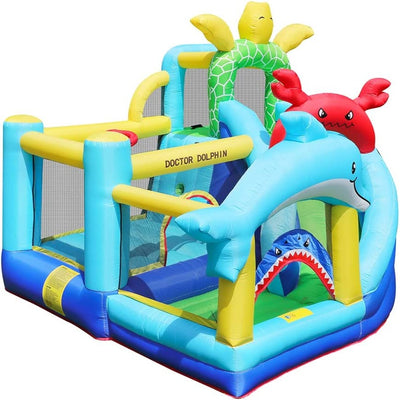Dolphin Kids Bounce House Slide with Blower, Ball Pit, Ocean Theme, Basketball Hoop, Toddler Blow up Bouncy House Jumper for Kids Indoor or Outdoor, Wet and Dry