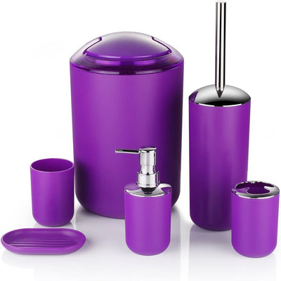 Bathroom Accessories Set 6 Piece - Trash Can, Toothbrush Holder, Toothbrush Cup, Soap Dispenser, Soap Dish, Toilet Brush Holder - Modern Bahtroom Decor Set (Purple)