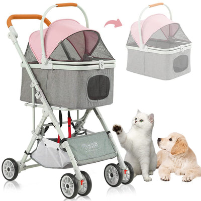 Dog Strollers, Foldable Cat Stroller for 1 Cat with Detachable Carrier, 3-in-1 No-Zip Pet Stroller for Cats with Aluminum Alloy Frame for Travel,Pink