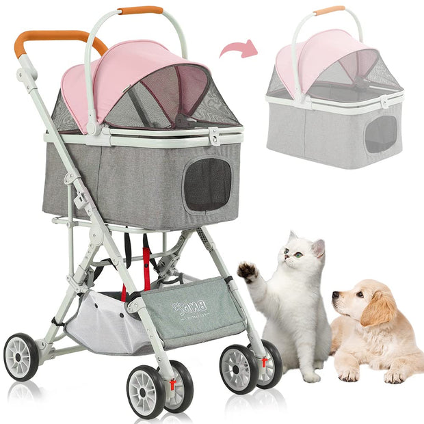 Dog Strollers, Foldable Cat Stroller for 1 Cat with Detachable Carrier, 3-in-1 No-Zip Pet Stroller for Cats with Aluminum Alloy Frame for Travel,Pink