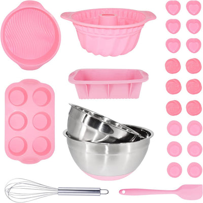 DESIGN VEICA 26 Piece Nonstick Baking Set, Silicone Baking Cake Pan Cookie Sheet Molds Tray Set for Oven, Cupcake Baking Cups Set, Stainless Steel Mixing Bowls
