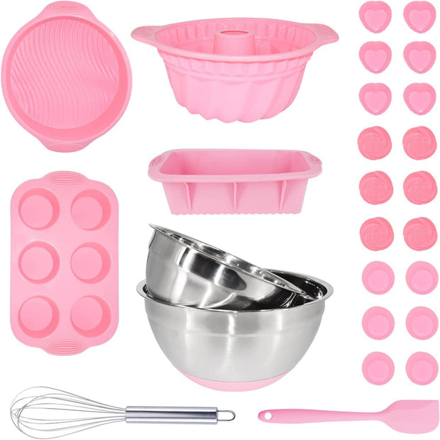 DESIGN VEICA 26 Piece Nonstick Baking Set, Silicone Baking Cake Pan Cookie Sheet Molds Tray Set for Oven, Cupcake Baking Cups Set, Stainless Steel Mixing Bowls