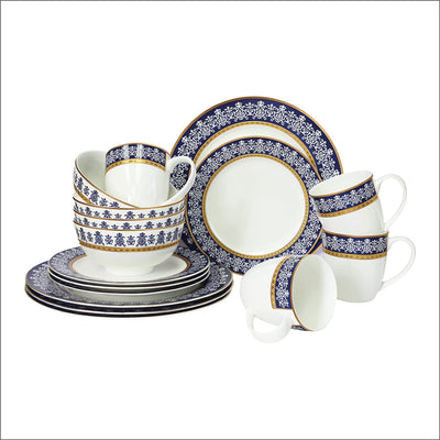 Bone China Dinnerware, 16PC Set, Service for 4, Blue Flora Gold, Microwave Safe, Elegant Giftware, Dish set, Essential Home, Everyday Living, Display, decoration, Kitchen Dishes, Dinner set