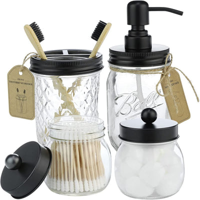 Mason Jar Bathroom Accessories Set,4 Pcs Gift Set - Liquid Hand Soap Dispenser, Toothbrush Holder, 2 Cotton Ball Jar, Farmhouse Decor Bathroom Set(Black)
