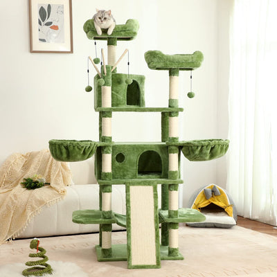 67" Tall Cat Tree Cat Tower for Indoor Cats Kittens, Scratch Post with Natural Sisal Rope, Ladder Hammock & Cradle, Multi-Level Cat Climbing Stand, Cat Activity Center Play House(Green)