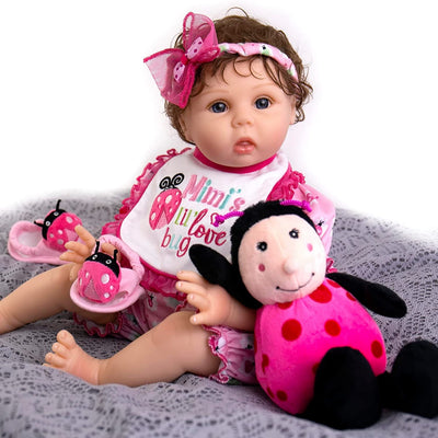 Aori Reborn Baby Dolls 22 inch Real Looking Curly Hair Lifelke Newborn Girl Dolls in Soft Body with Pink Suit Little Ladybug Gift Set