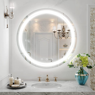 Round LED Bathroom Mirror 24 Inch Front Lit Smart Mirror with Lights, Wall Mounted Anti-Fog LED Vanity Mirror, 3 Color, Dimmable, Memory, Smart Touch Button, Shatter-Proof, IP64
