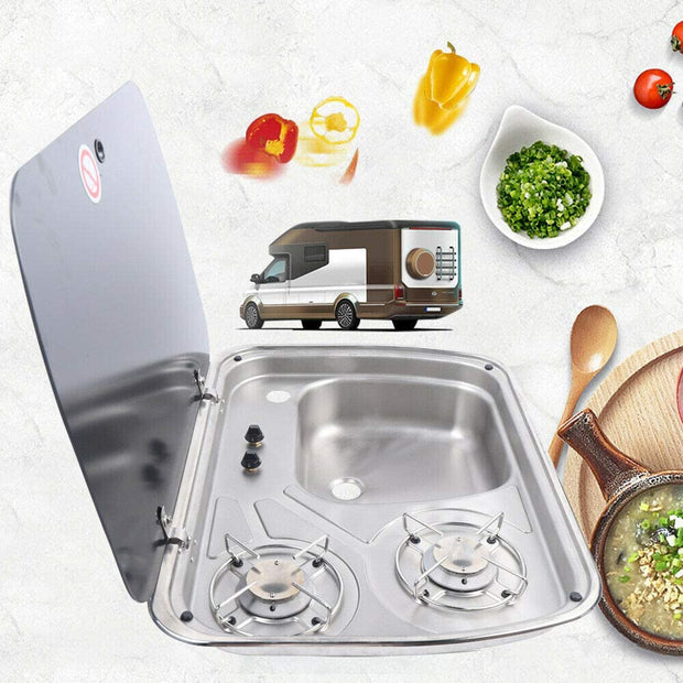 Kitchen Prep & Utility Sink,Outdoor Sink Cooktop Combo,Large RV Sink 2 Gas Burners RV Stove ,Hand Wash Basin Sink without Faucet for Boat Caravan RV Camper