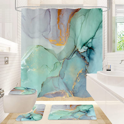 4 Pcs Bathroom Shower Curtain Set with Non-Slip Rugs, Toilet Lid Cover and Bath Mat, Green Marble Bathroom Decor Set with Shower Curtain and Rugs and Accessories