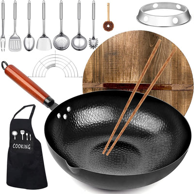 Carbon Steel Wok Pan, 14 Piece Woks & Stir-Fry Pans Set with Wooden Lid & Cookwares, No Chemical Coated Flat Bottom Chinese Woks Pan for Induction, Electric, Gas, Halogen All Stoves - 12.6''