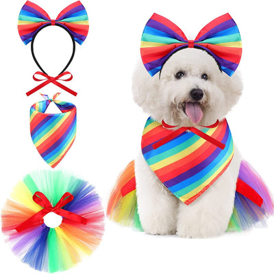 Amylove Dog Rainbow Bandana 3 Pcs Gay Pride Dog Costume Set Includes Bowknot Rainbow Headband, Rainbow Dog Handkerchief and Cute Dog Tutu, Pride Accessories for Small Medium Pets Dress Party