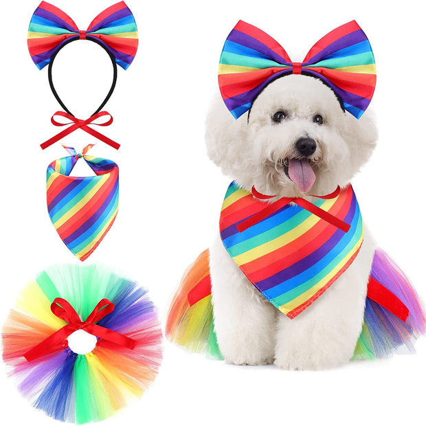 Amylove Dog Rainbow Bandana 3 Pcs Gay Pride Dog Costume Set Includes Bowknot Rainbow Headband, Rainbow Dog Handkerchief and Cute Dog Tutu, Pride Accessories for Small Medium Pets Dress Party