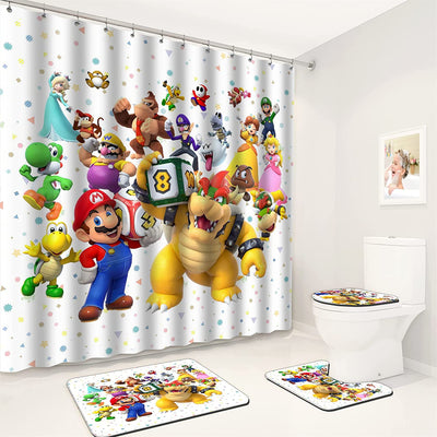 Misteyoo Game Family Cartoon 4 PCS Shower Curtain Set Non-Slip Carpet Toilet Seat Cover and Bath Mat Durable Waterproof Bathroom Decoration Set for Home Hotel Bath Accessories