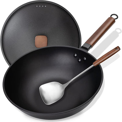 Carbon Steel Wok, 13 Inch Wok Pan with Lid and Spatula, Nonstick Woks and Stir-fry Pans, No Chemical Coated Flat Bottom Chinese Wok for Induction, Gas, All Stoves