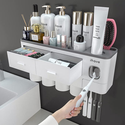 Toothbrush Holders for Bathrooms, 4 Cups Toothbrush Holder Wall Mounted with Toothpaste Dispenser - Large Capacity Tray, 2 Cosmetic Drawer - Bathroom Organizer & Bathroom Accessories Set