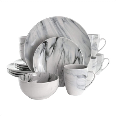 Elama Fine Round Gloss Dinnerware Dish Set, 16 Piece, Black and White Marble