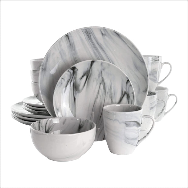 Elama Fine Round Gloss Dinnerware Dish Set, 16 Piece, Black and White Marble
