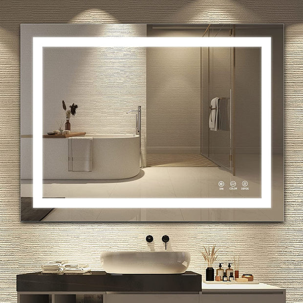 LED Bathroom Mirror,36x28 Inch Bathroom Vanity Mirror Wall Mounted with 3000K-6000K Adjustable, Anti-Fog, Smart Touch Button, Stepless Dimmable Lighted Makeup Mirror, Horizontal/Vertical