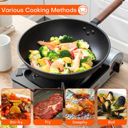 Carbon Steel Wok, 13 Inch Wok Pan with Lid and Spatula, Nonstick Woks and Stir-fry Pans, No Chemical Coated Flat Bottom Chinese Wok for Induction, Gas, All Stoves