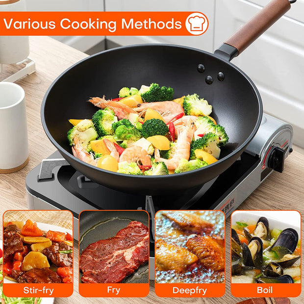 Carbon Steel Wok, 13 Inch Wok Pan with Lid and Spatula, Nonstick Woks and Stir-fry Pans, No Chemical Coated Flat Bottom Chinese Wok for Induction, Gas, All Stoves