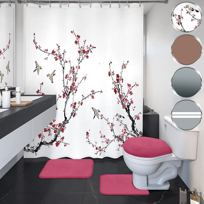 Elegant Bathroom Sets with Shower Curtain and Rugs 4PCS - Thick & Waterproof Shower Curtain Sets with Rugs, Soft Anti-Slip Rugs & Universal Size Toilet Lid Cover for Bathroom (Autumn Red)