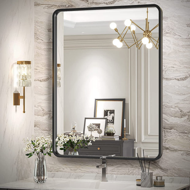 Black Bathroom Mirror for Wall, 22" x 30" Metal Framed Rectangle Mirror, Wall Mounted Vanity Mirror for Bathroom, Hangs Horizontal Or Vertical