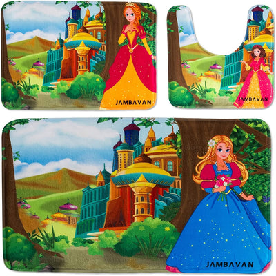 Kids Bathroom Rug - 3-Piece Quick Drying Bathroom Rug Set, Vibrant Kitchen, Laundry and Bathroom Rug, Anti Slip Toilet Rug and Shower Mat, Absorbent Velvet, Set of 3 - Princess at Castle