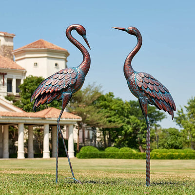 Garden Crane Statues Patina Heron Decoy, Standing Metal Crane Sculptures Bird Yard Art for Outdoor Decor, Set of 2