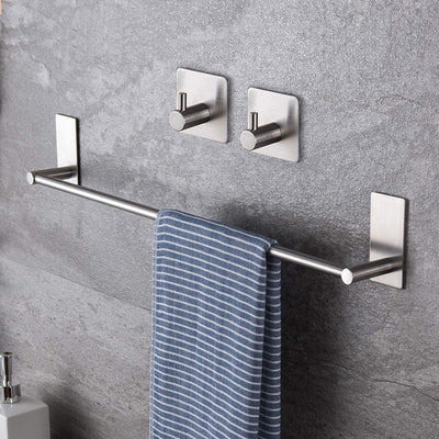 16-Inch Towel Bar - Self Adhesive Bathroom Towel Holder with 2 Packs Towel Hooks, Stainless Steel Bathroom Hardware Accessory Kit, No Drilling