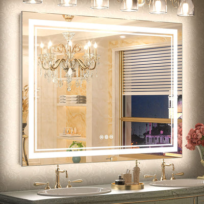 48x36 Inch Bathroom LED Mirror Front Lighted Backlit Vanity Mirror with Double Light Strip 3 Colors CRI 90+ Anti-Fog Memory Funtion Wall Mount Make up Mirror for Bathroom Decor