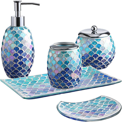 Bathroom Accessory Set | 5-Piece Decorative Glass Bathroom Soap Dispenser Set | Soap Dispenser, Tray, Jar, Toothbrush Holder | Elegant Blue Mosaic Glass Mermaid Bathroom